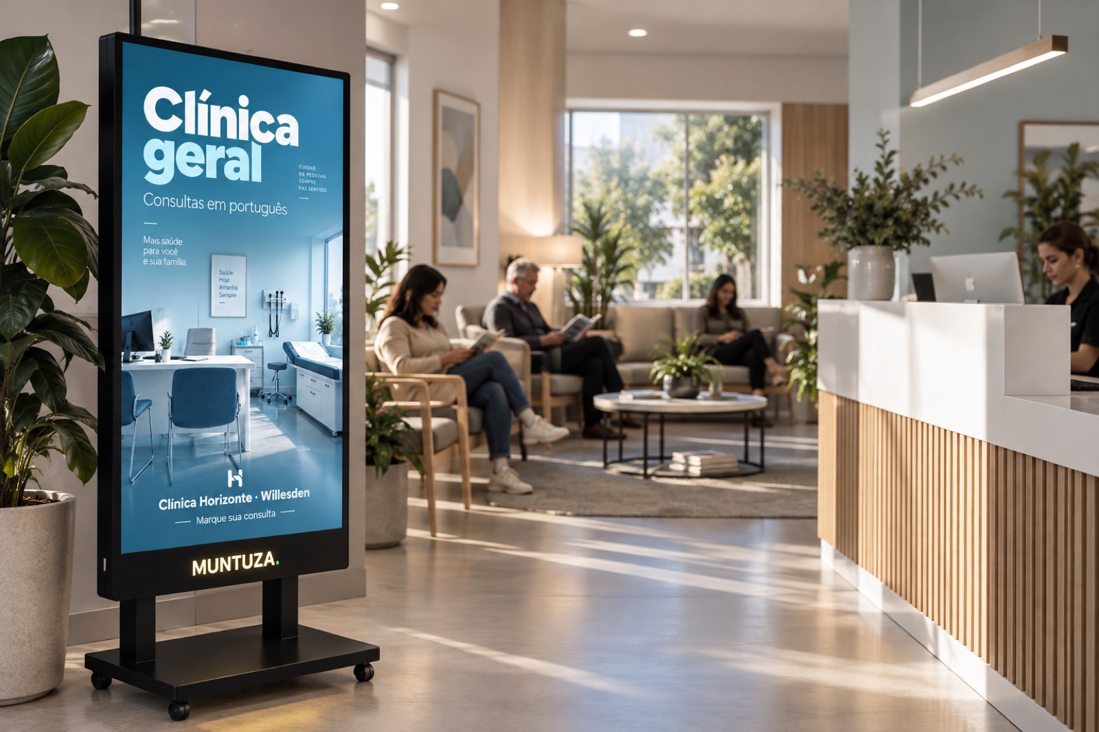 Tela Muntuza na sala de espera de uma clínica, com o anúncio da clínica.