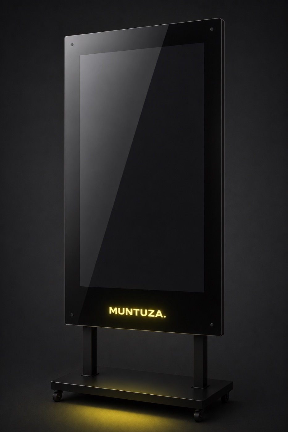 A tela Muntuza: um monitor vertical de pé, com moldura preta e o nome MUNTUZA aceso embaixo.